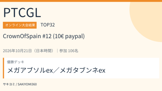 2026年10月21日 CrownOfSpain  #12 (10€ paypal) PTCGL大会結果・TOP32。優勝デッキ：メガアブソルex／メガタブンネex