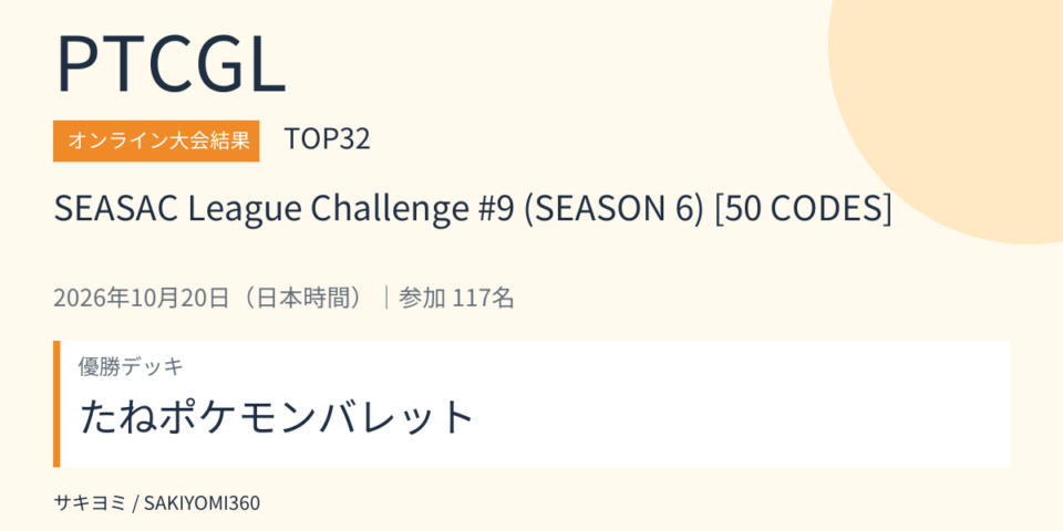 2026年10月20日 SEASAC League Challenge #9 (SEASON 6) [50 CODES] PTCGL大会結果・TOP32。優勝デッキ：たねポケモンバレット