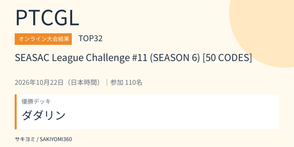 2026年10月22日 SEASAC League Challenge #11 (SEASON 6) [50 CODES] PTCGL大会結果・TOP32。優勝デッキ：ダダリン