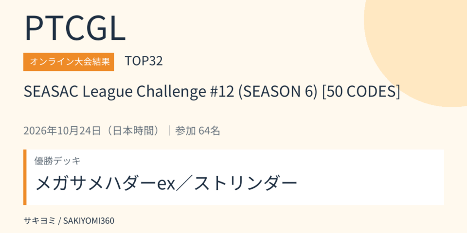 2026年10月24日 SEASAC League Challenge #12 (SEASON 6) [50 CODES] PTCGL大会結果・TOP32。優勝デッキ：メガサメハダーex／ストリンダー